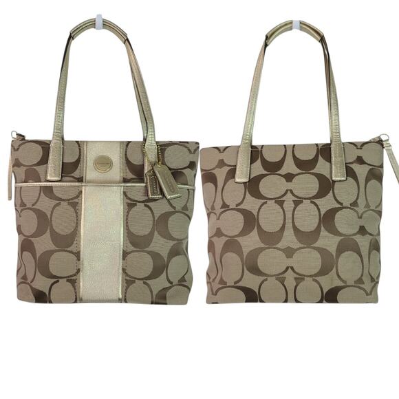 Coach Gold Tan Signature Stripe Logo Bag Purse Tote Satchel Shoulder Bag NEW - Picture 1 of 5